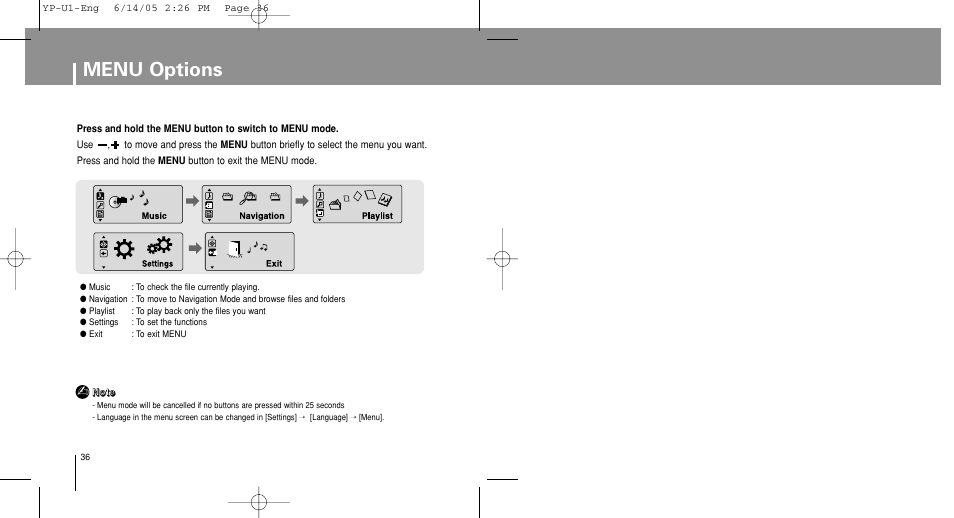 Menu options | Samsung YP-U1ZW-XAC User Manual | Page 36 / 56