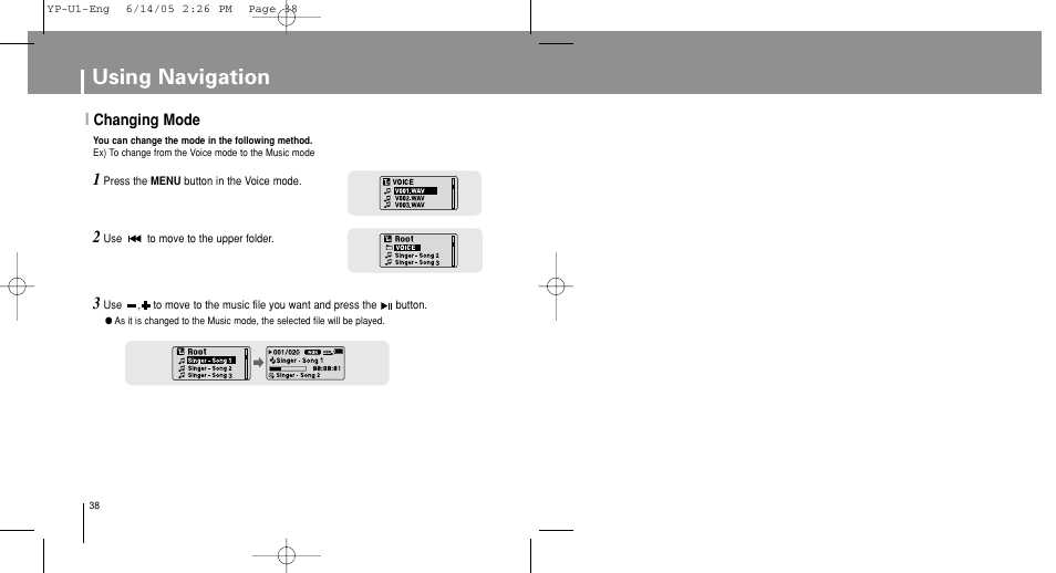 Changing mode, Using navigation | Samsung YP-U1ZW-XAC User Manual | Page 38 / 56