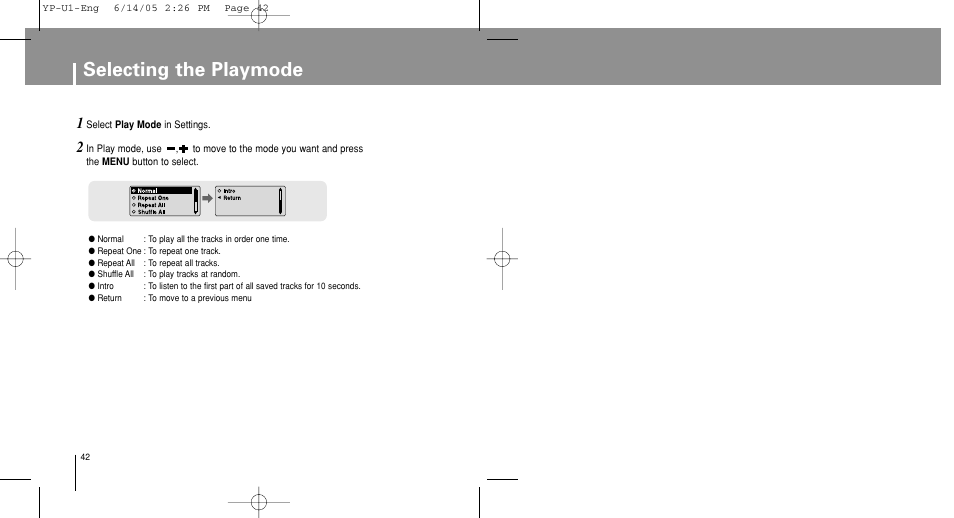 Selecting the playmode | Samsung YP-U1ZW-XAC User Manual | Page 42 / 56