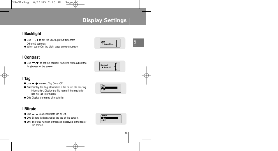 Backlight, Contrast, Bitrate | Display settings, Ibacklight i contrast, Itag i bitrate | Samsung YP-U1ZW-XAC User Manual | Page 45 / 56