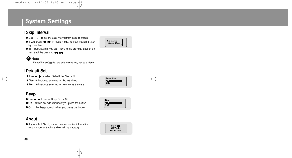 Skip interval, Default set, Beep | About, System settings, Iskip interval, Iabout, Idefault set i beep | Samsung YP-U1ZW-XAC User Manual | Page 48 / 56
