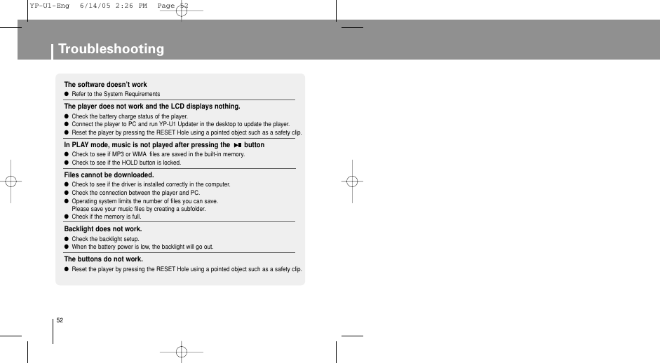 Troubleshooting | Samsung YP-U1ZW-XAC User Manual | Page 52 / 56