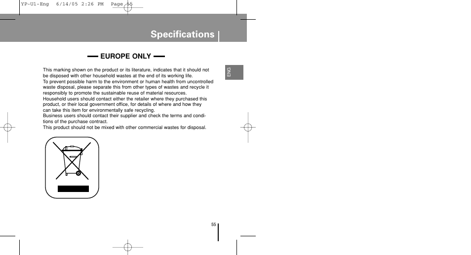 Specifications | Samsung YP-U1ZW-XAC User Manual | Page 55 / 56