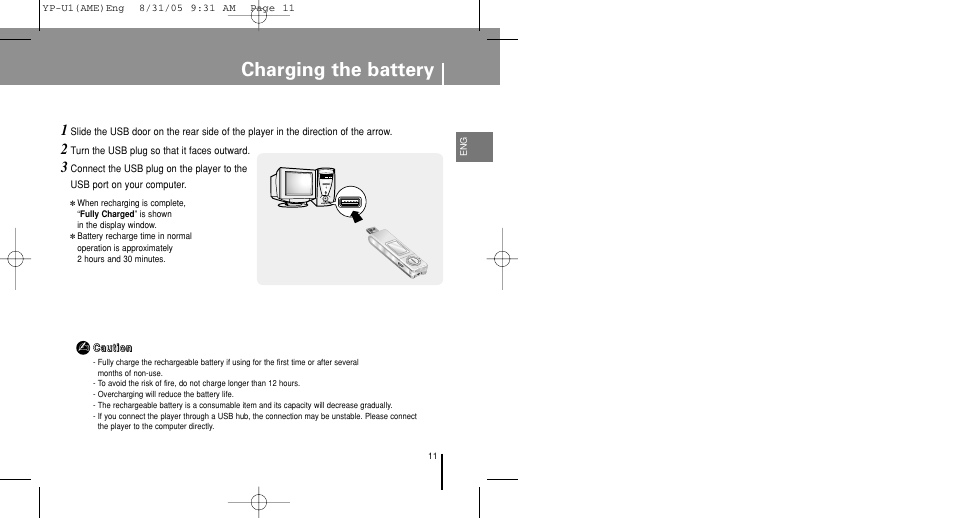 Charging the battery | Samsung YP-U1Z-XAP User Manual | Page 11 / 64