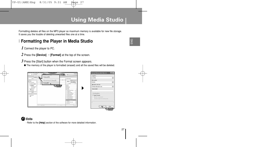 Using media studio, Iformatting the player in media studio | Samsung YP-U1Z-XAP User Manual | Page 27 / 64