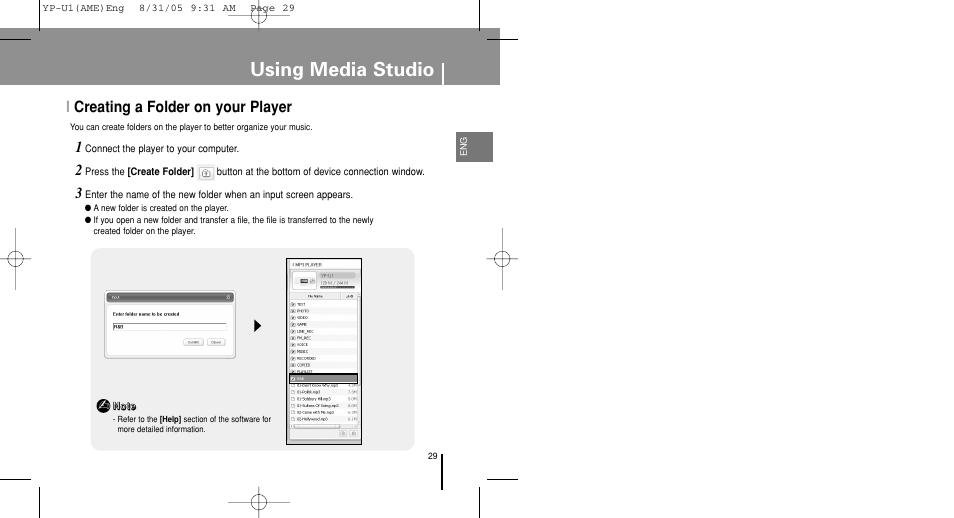 Using media studio, Icreating a folder on your player | Samsung YP-U1Z-XAP User Manual | Page 29 / 64