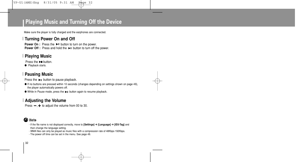 Chapter 3 using your player, Playing music and turning off the device, Turning power on and off | Adjusting the volume, Playing music, Pausing music | Samsung YP-U1Z-XAP User Manual | Page 32 / 64