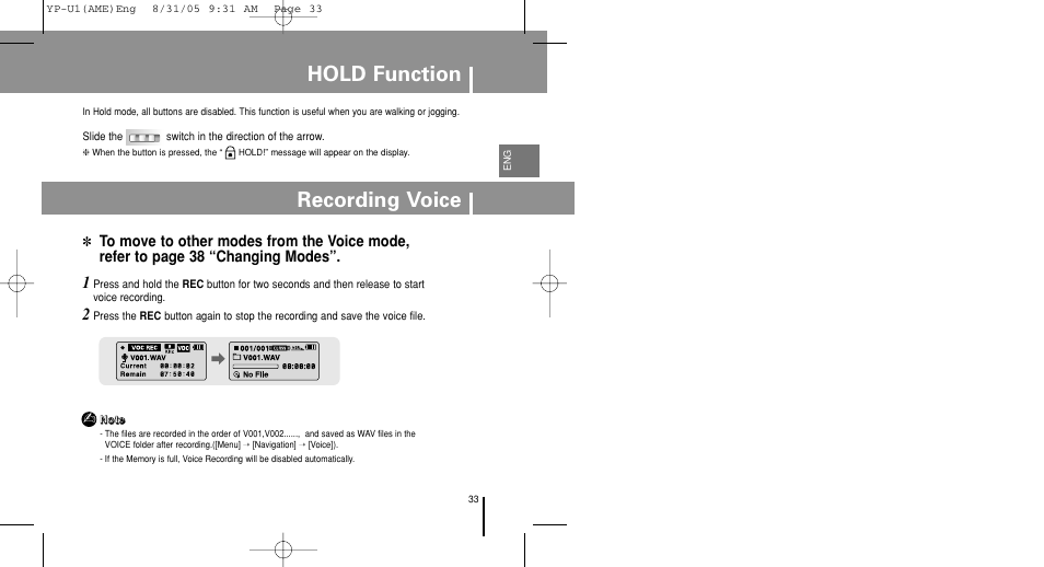 Hold function, Recording voice | Samsung YP-U1Z-XAP User Manual | Page 33 / 64
