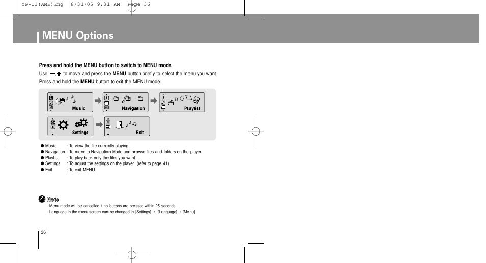 Menu options | Samsung YP-U1Z-XAP User Manual | Page 36 / 64