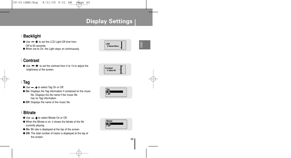 Display settings, Ibacklight i contrast, Itag i bitrate | Samsung YP-U1Z-XAP User Manual | Page 45 / 64