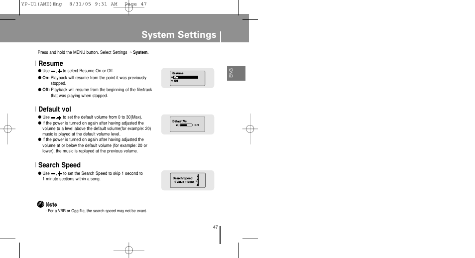 System settings, Iresume i default vol i search speed | Samsung YP-U1Z-XAP User Manual | Page 47 / 64
