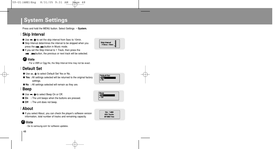 System settings, Iskip interval, Iabout | Idefault set i beep | Samsung YP-U1Z-XAP User Manual | Page 48 / 64