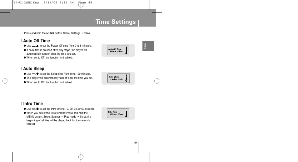 Time settings, Iauto off time i auto sleep i intro time | Samsung YP-U1Z-XAP User Manual | Page 49 / 64