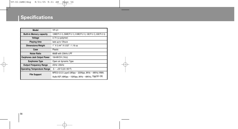 Specifications | Samsung YP-U1Z-XAP User Manual | Page 56 / 64