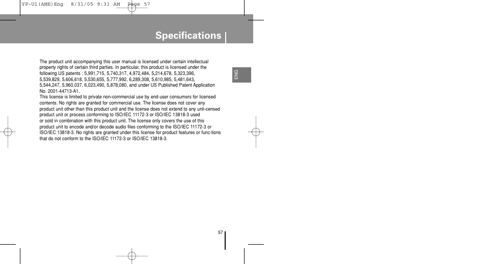 Specifications | Samsung YP-U1Z-XAP User Manual | Page 57 / 64