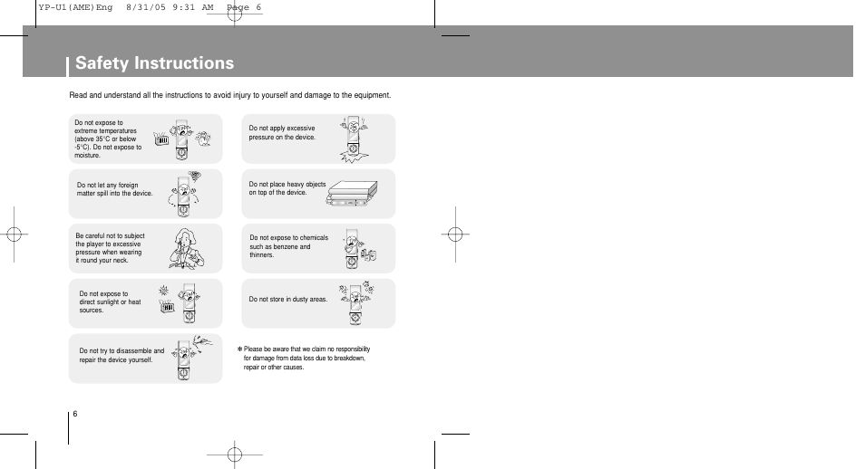Safety instructions | Samsung YP-U1Z-XAP User Manual | Page 6 / 64