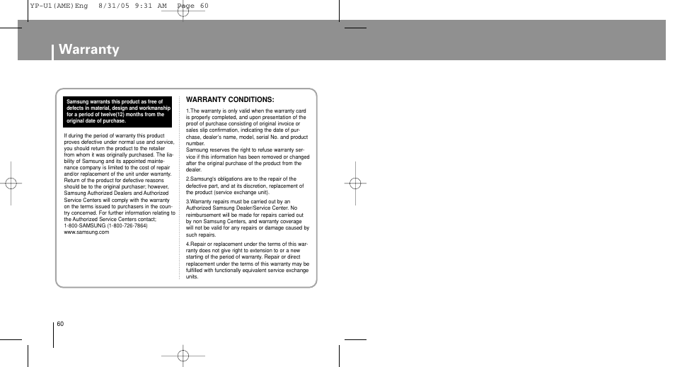 Warranty | Samsung YP-U1Z-XAP User Manual | Page 60 / 64
