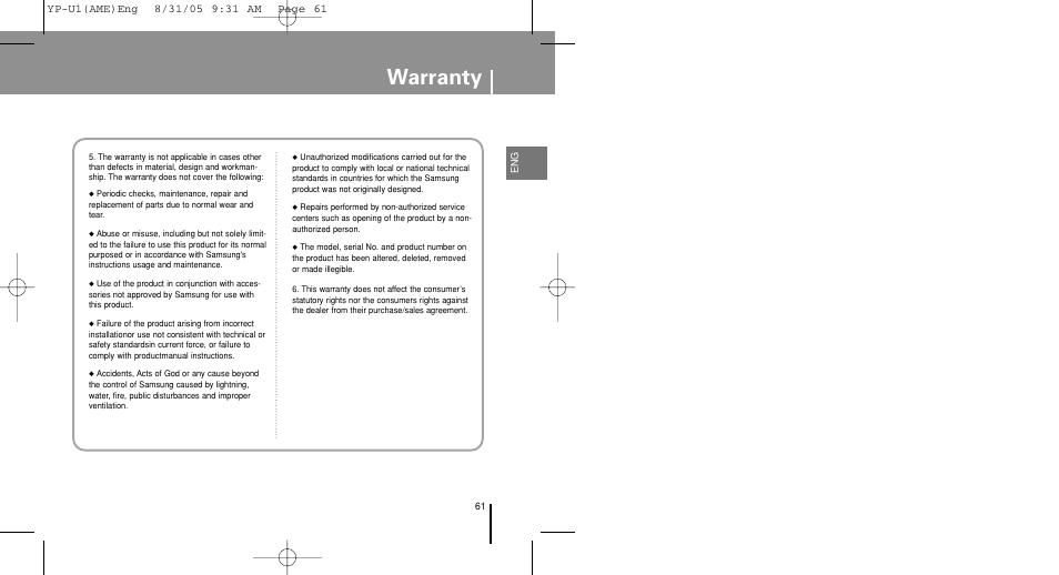 Warranty | Samsung YP-U1Z-XAP User Manual | Page 61 / 64