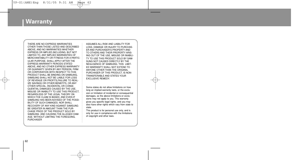Warranty | Samsung YP-U1Z-XAP User Manual | Page 62 / 64