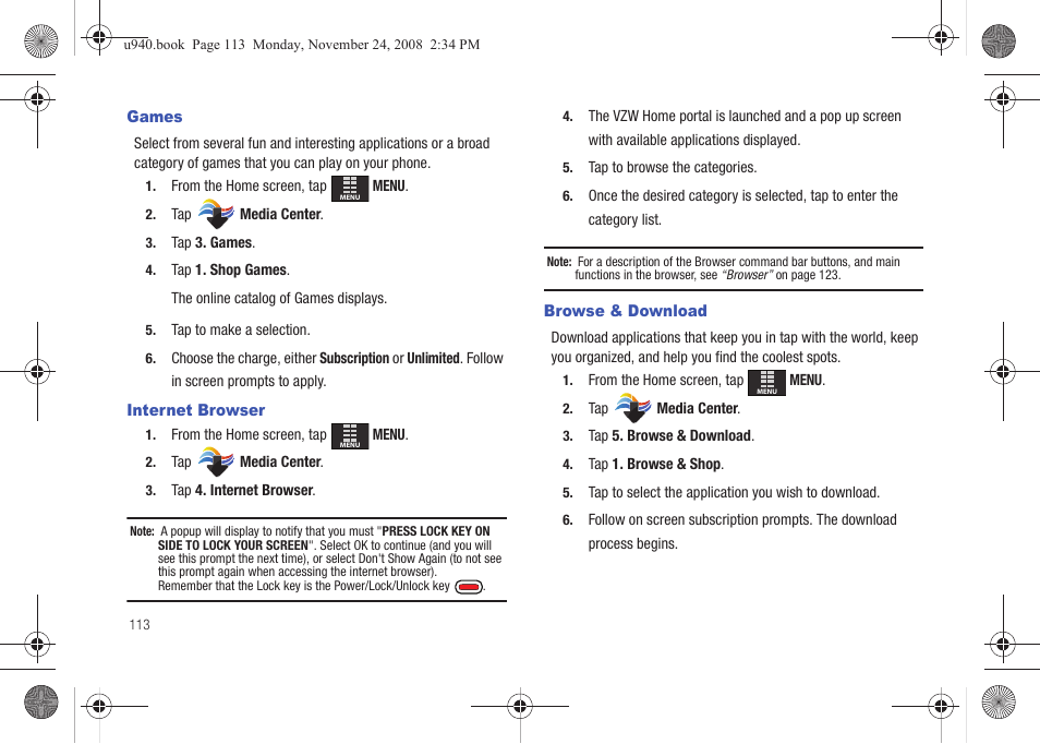 Games, Internet browser, Browse & download | Games internet browser browse & download | Samsung SCH-U940DBAVZW User Manual | Page 116 / 156