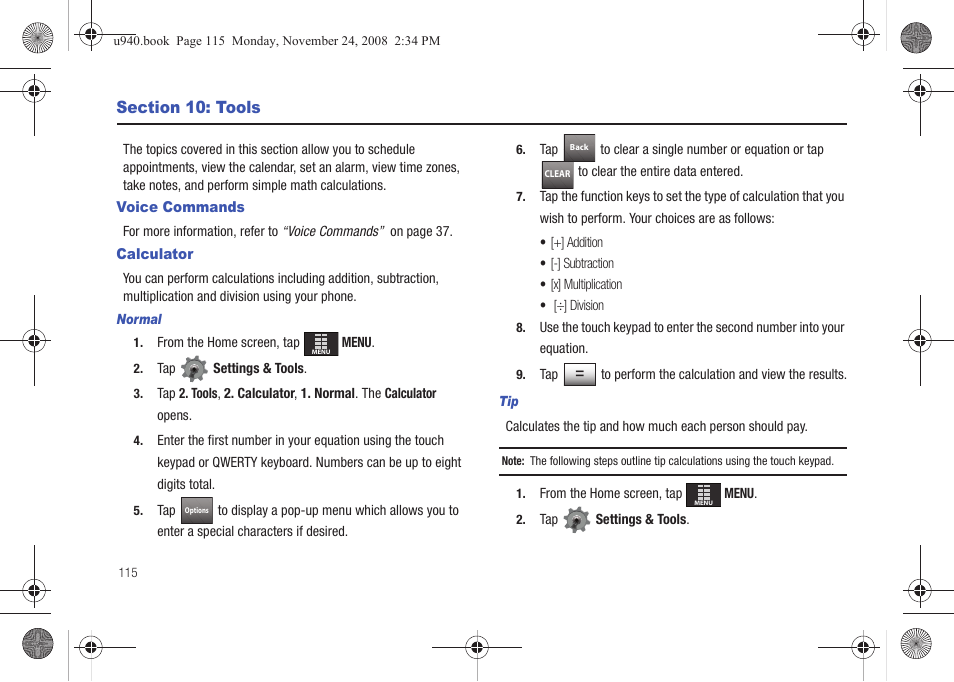 Section 10: tools, Voice commands, Calculator | Voice commands calculator | Samsung SCH-U940DBAVZW User Manual | Page 118 / 156