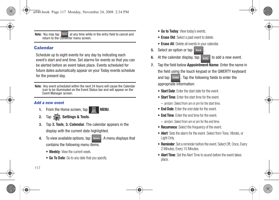 Calendar | Samsung SCH-U940DBAVZW User Manual | Page 120 / 156
