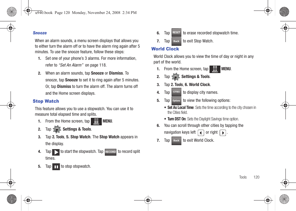 Stop watch, World clock, Stop watch world clock | For more information, refer to “stop watch” on, For more information, refer to “world clock” on | Samsung SCH-U940DBAVZW User Manual | Page 123 / 156