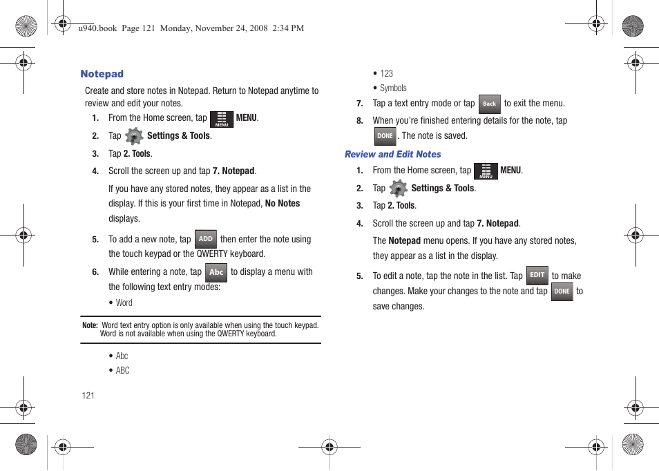 Notepad | Samsung SCH-U940DBAVZW User Manual | Page 124 / 156