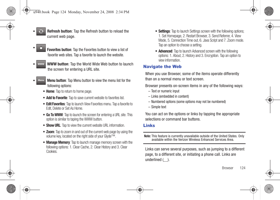 Navigate the web, Links, Navigate the web links | Samsung SCH-U940DBAVZW User Manual | Page 127 / 156