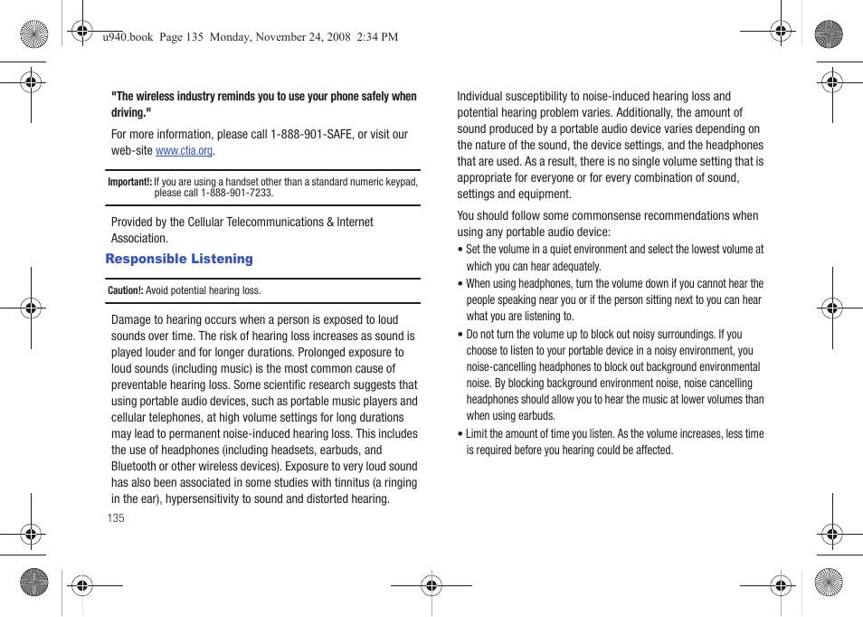 Responsible listening | Samsung SCH-U940DBAVZW User Manual | Page 138 / 156