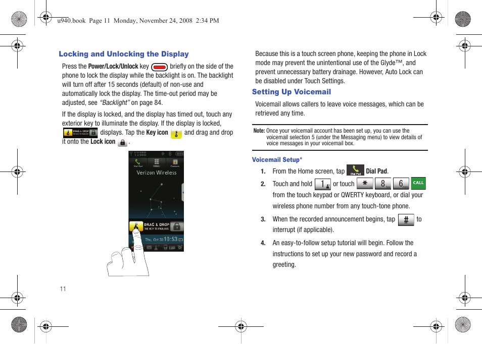 Locking and unlocking the display, Setting up voicemail | Samsung SCH-U940DBAVZW User Manual | Page 14 / 156