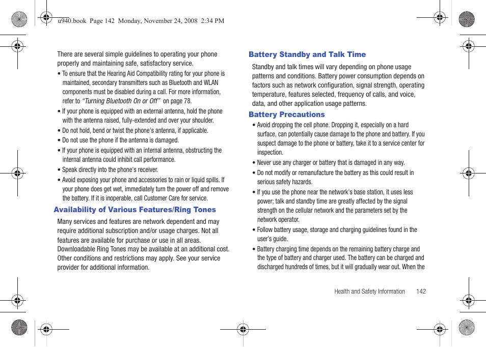 Availability of various features/ring tones, Battery standby and talk time, Battery precautions | Samsung SCH-U940DBAVZW User Manual | Page 145 / 156