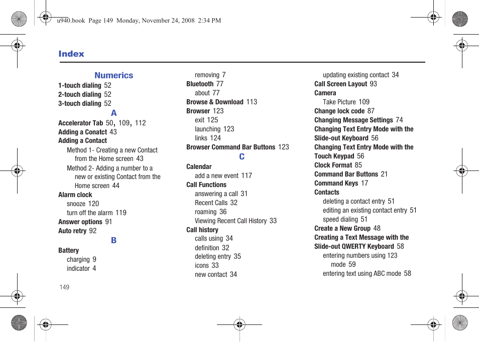 Index, Numerics | Samsung SCH-U940DBAVZW User Manual | Page 152 / 156