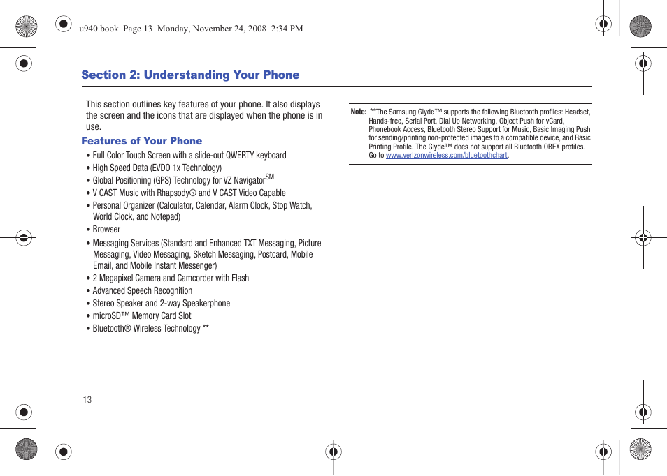 Section 2: understanding your phone, Features of your phone | Samsung SCH-U940DBAVZW User Manual | Page 16 / 156
