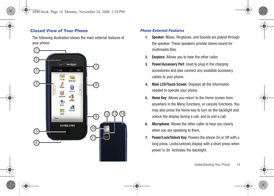 Closed view of your phone | Samsung SCH-U940DBAVZW User Manual | Page 17 / 156