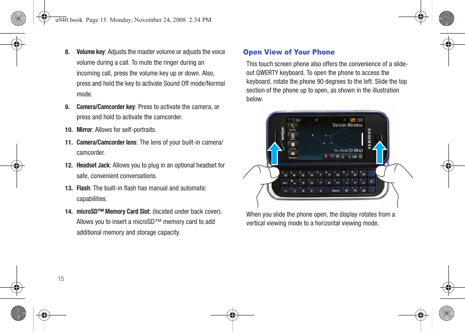Open view of your phone | Samsung SCH-U940DBAVZW User Manual | Page 18 / 156