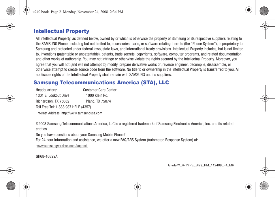 Intellectual property, Samsung telecommunications america (sta), llc | Samsung SCH-U940DBAVZW User Manual | Page 2 / 156