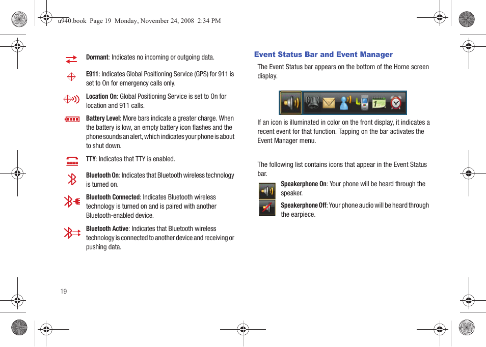 Event status bar and event manager | Samsung SCH-U940DBAVZW User Manual | Page 22 / 156