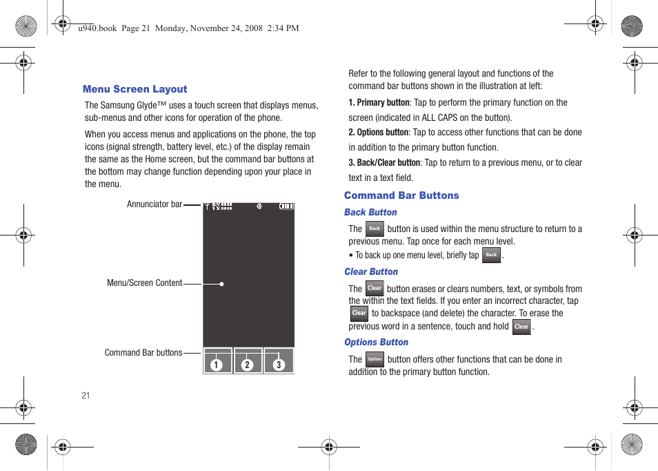 Menu screen layout, Command bar buttons, Menu screen layout command bar buttons | Samsung SCH-U940DBAVZW User Manual | Page 24 / 156