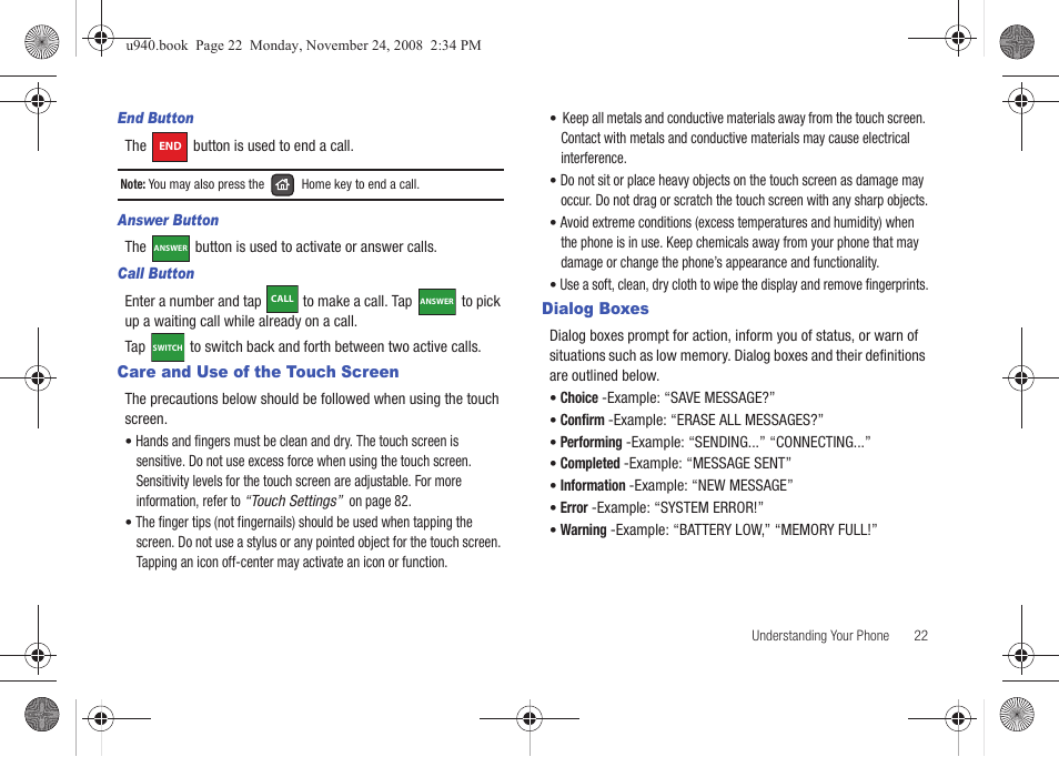 Care and use of the touch screen, Dialog boxes, Care and use of the touch screen dialog boxes | Samsung SCH-U940DBAVZW User Manual | Page 25 / 156