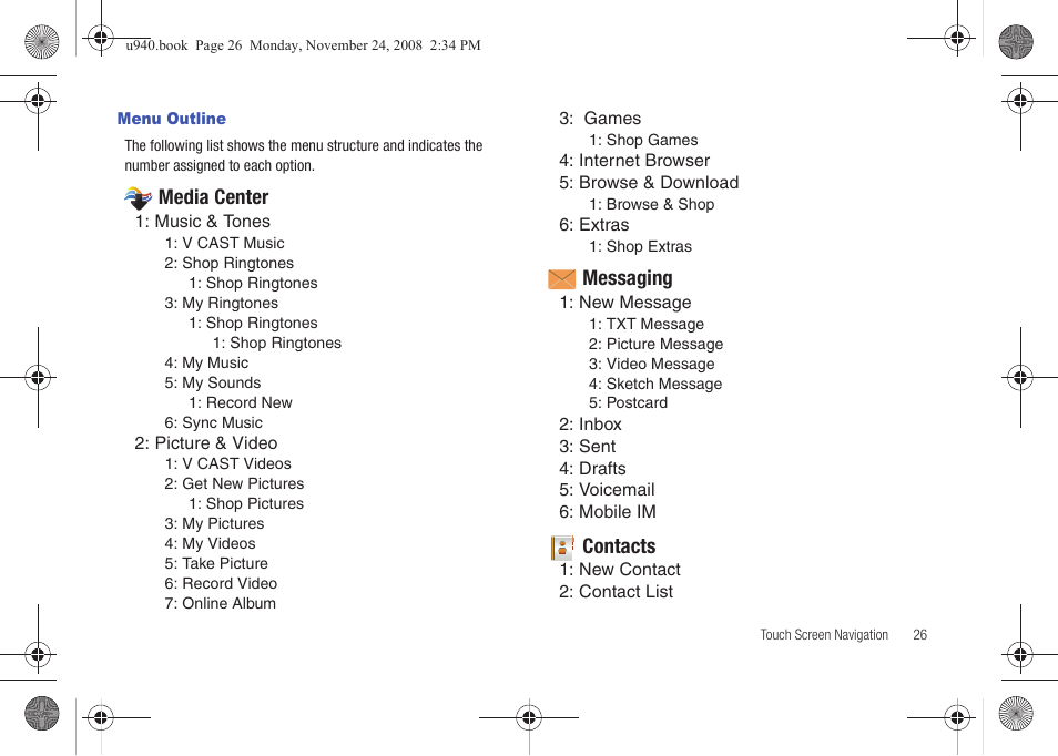 Menu outline | Samsung SCH-U940DBAVZW User Manual | Page 29 / 156