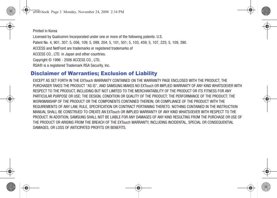 Disclaimer of warranties; exclusion of liability | Samsung SCH-U940DBAVZW User Manual | Page 3 / 156