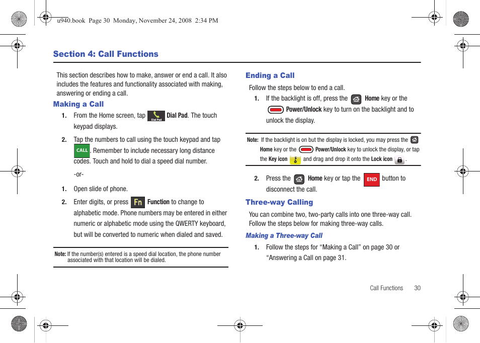 Section 4: call functions, Making a call, Ending a call | Three-way calling, Making a call ending a call three-way calling | Samsung SCH-U940DBAVZW User Manual | Page 33 / 156