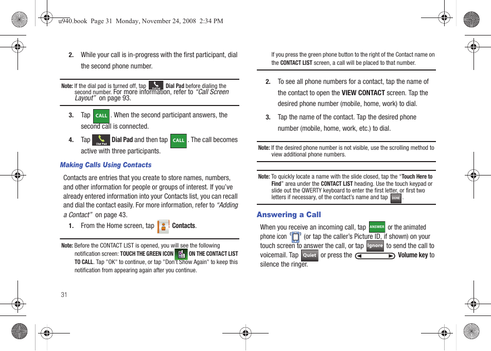 Answering a call | Samsung SCH-U940DBAVZW User Manual | Page 34 / 156