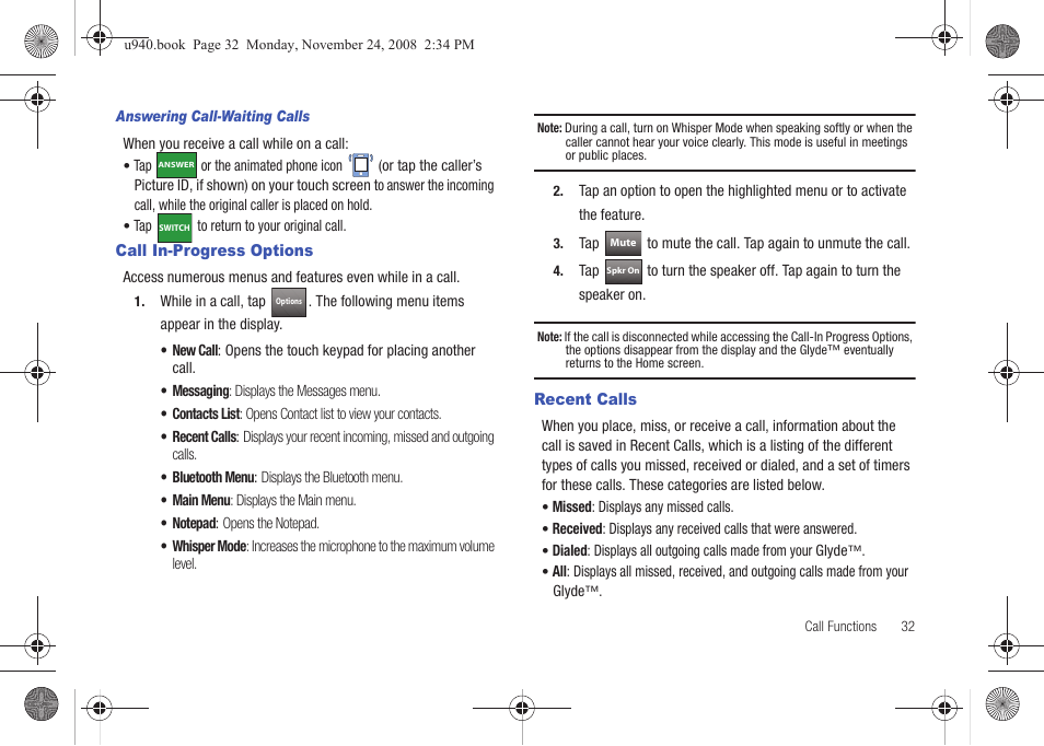 Call in-progress options, Recent calls, Call in-progress options recent calls | Samsung SCH-U940DBAVZW User Manual | Page 35 / 156