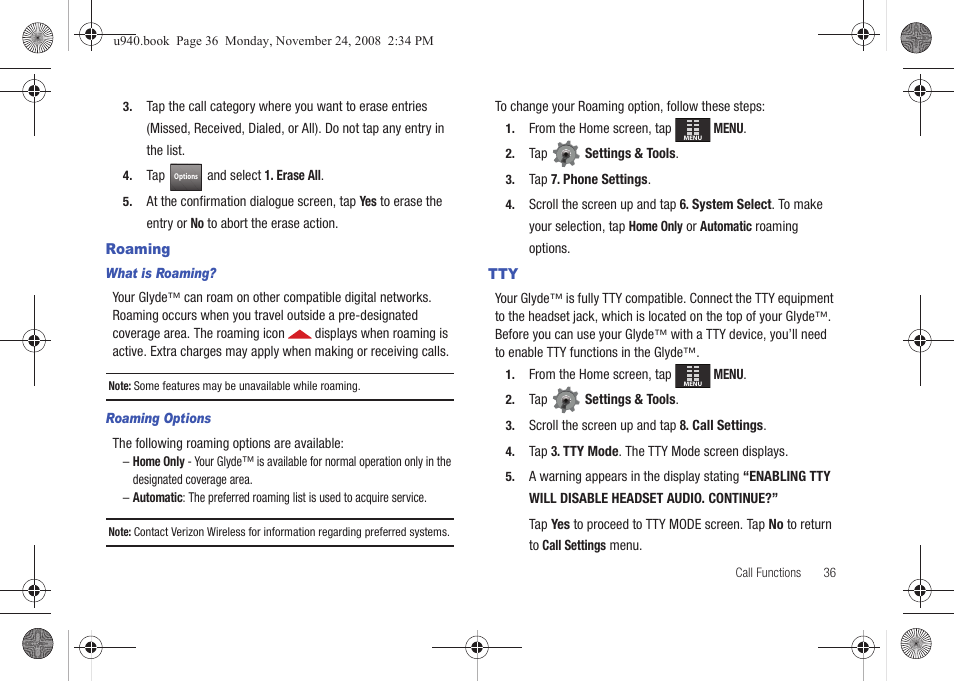 Roaming, Roaming tty | Samsung SCH-U940DBAVZW User Manual | Page 39 / 156