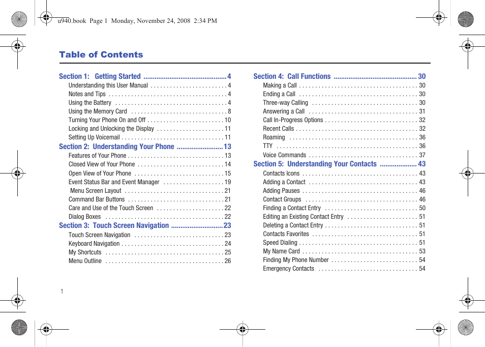 Section 1: getting started 4, Section 2: understanding your phone 13, Section 3: touch screen navigation 23 | Section 4: call functions 30, Section 5: understanding your contacts 43 | Samsung SCH-U940DBAVZW User Manual | Page 4 / 156