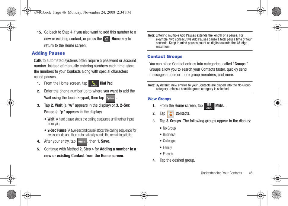 Adding pauses, Contact groups, Adding pauses contact groups | Samsung SCH-U940DBAVZW User Manual | Page 49 / 156