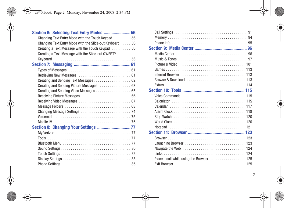 Section 6: selecting text entry modes 56, Section 7: messaging 61, Section 8: changing your settings 77 | Section 9: media center 96, Section 10: tools 115, Section 11: browser 123 | Samsung SCH-U940DBAVZW User Manual | Page 5 / 156