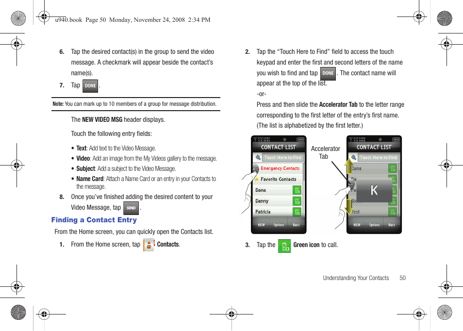 Finding a contact entry | Samsung SCH-U940DBAVZW User Manual | Page 53 / 156